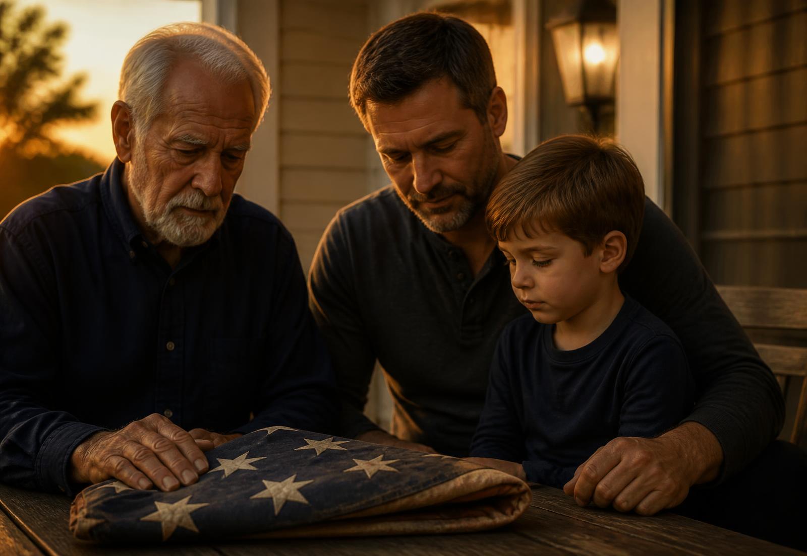 Three generations of a family gathered at golden hour around a carefully folded American flag